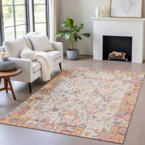 9' X 12' Pink And Ivory Patchwork Washable Indoor Outdoor Area Rug