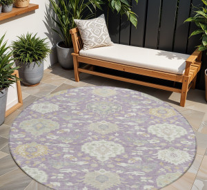 8' Lavender Gold And Green Round Damask Washable Indoor Outdoor Area Rug