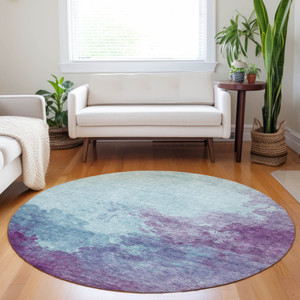 8' Sky Blue And Purple Round Abstract Washable Indoor Outdoor Area Rug - Sky Blue, Purple