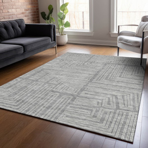 8' X 10' Gray And Ivory Geometric Washable Indoor Outdoor Area Rug Transitional Style - Gray, Ivory Color