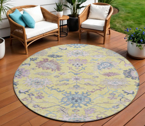 8' Yellow Lavender And Denim Blue Round Floral Washable Indoor Outdoor Area Rug