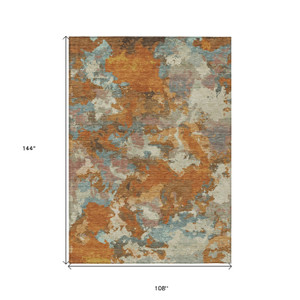 9' X 12' Copper And Orange Abstract Washable Indoor Outdoor Area Rug