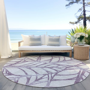 8' Purple Lavender And Beige Round Floral Washable Indoor Outdoor Area Rug