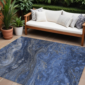 8' X 10' Denim Blue And Sky Blue Abstract Washable Indoor Outdoor Area Rug Transitional Style - Denim Blue, Sky Blue Color