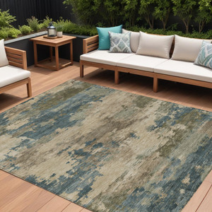 9' X 12' Teal Blue And Beige Abstract Washable Indoor Outdoor Area Rug - Teal Blue, Beige