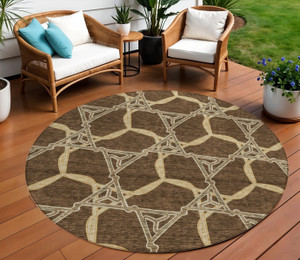 8' Brown And Beige Round Geometric Washable Indoor Outdoor Area Rug Transitional Style - Brown, Beige Color