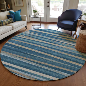 8' Denim Blue And Gray Round Striped Washable Indoor Outdoor Area Rug