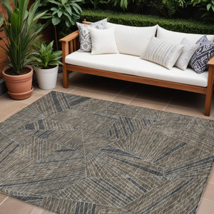 10' X 14' Brown Black And Gray Geometric Washable Indoor Outdoor Area Rug