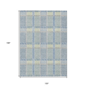 10' X 14' Denim Blue Green And Ivory Plaid Washable Indoor Outdoor Area Rug