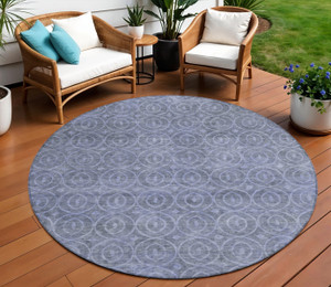 8' Denim Blue Round Geometric Washable Indoor Outdoor Area Rug