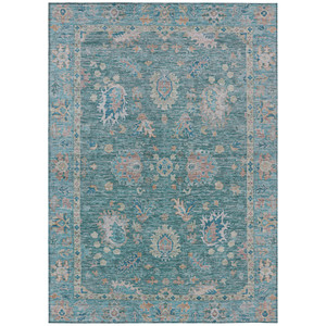10' X 14' Teal Blue And Beige Floral Washable Indoor Outdoor Area Rug