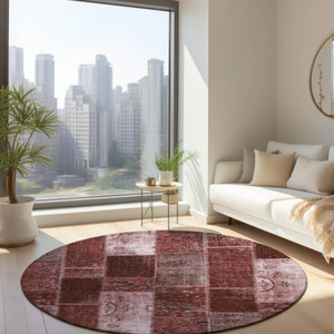 8' Burgundy Merlot And Blush Round Patchwork Washable Indoor Outdoor Area Rug