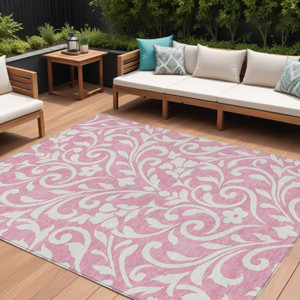 8' X 10' Pink And Ivory Floral Washable Indoor Outdoor Area Rug