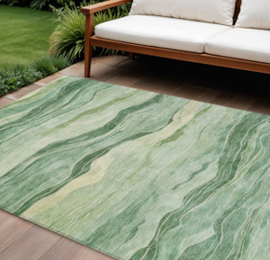8' X 10' Green Striped Washable Indoor Outdoor Area Rug