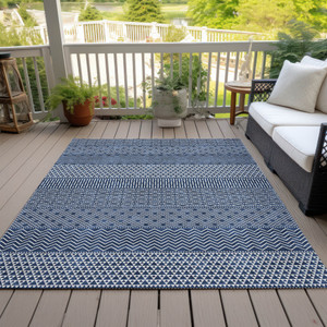 9' X 12' Navy Blue And Ivory Chevron Washable Indoor Outdoor Area Rug - Navy Blue, Ivory