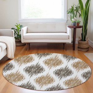 8' Chocolate And Ivory Round Ikat Washable Indoor Outdoor Area Rug