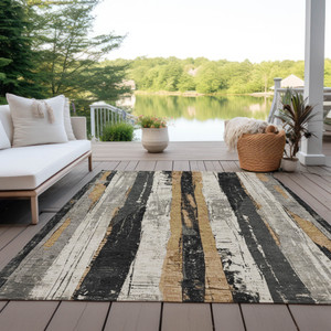 9' X 12' Taupe And Gold Striped Washable Indoor Outdoor Area Rug