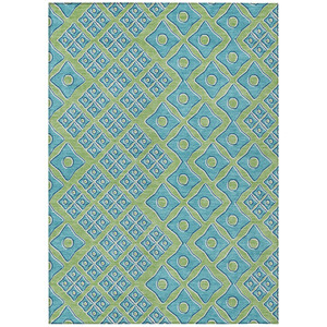 9' X 12' Artichoke Green And Aqua Geometric Washable Indoor Outdoor Area Rug