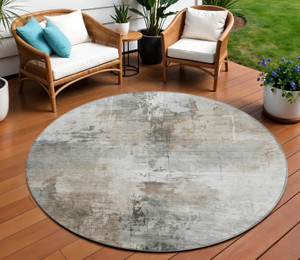 8' Ivory Gray And Khaki Round Abstract Washable Indoor Outdoor Area Rug
