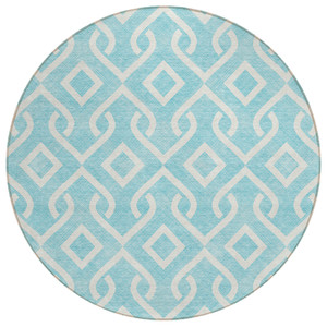 8' Aqua And Ivory Round Geometric Washable Indoor Outdoor Area Rug - 608219213220