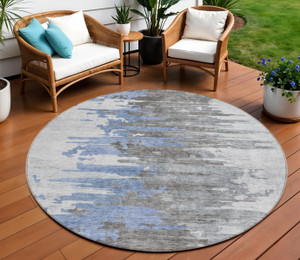 8' Blue Gray And Silver Round Abstract Washable Indoor Outdoor Area Rug