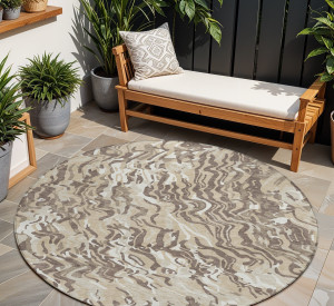 8' Beige Brown And Ivory Round Abstract Washable Indoor Outdoor Area Rug