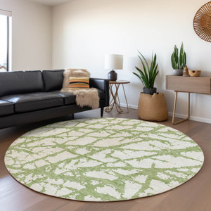 8' Green And Ivory Round Abstract Washable Indoor Outdoor Area Rug - 880016448931