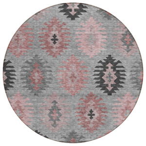 8' Gray Mauve And Charcoal Round Southwestern Washable Indoor Outdoor Area Rug