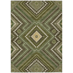 10' X 14' Olive Green Gray And Ivory Tribal Washable Indoor Outdoor Area Rug