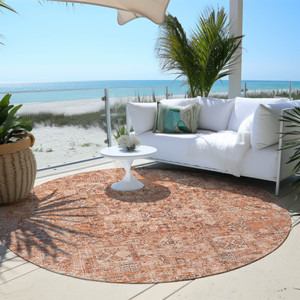 8' Salmon Orange And Gray Round Floral Washable Indoor Outdoor Area Rug