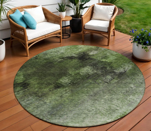 8' Green And Ivory Round Abstract Washable Indoor Outdoor Area Rug