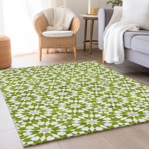 10' X 14' Lime Green Ivory And Beige Floral Medallion Washable Indoor Outdoor Area Rug