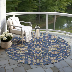 8' Navy Blue Brown And Ivory Round Moroccan Washable Indoor Outdoor Area Rug