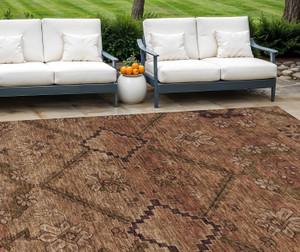 9' X 12' Orange Copper And Brown Floral Washable Indoor Outdoor Area Rug