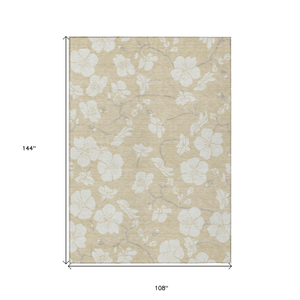 9' X 12' Beige And Ivory Floral Washable Indoor Outdoor Area Rug