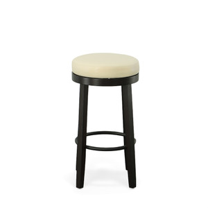 Set of Two 30" Cream and Espresso Faux Leather and Solid Wood Backless Bar Height Swivel Bar Chairs