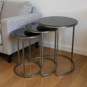 Set of Three Black and Gray Marble and Iron Round Frame Nested Tables