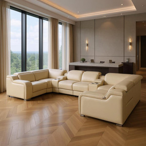 Beige Italian Leather Power Reclining U Shaped Eight Piece Corner Sectional With Console Classic Design