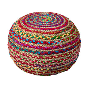 20" Rainbow Cotton Blend Round Striped Pouf Ottoman