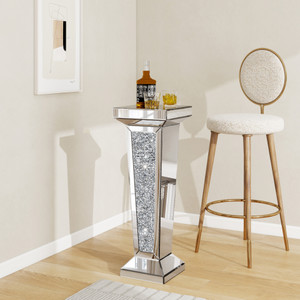 35" Silver Mirrored Glass And Faux Crystals Pedestal Accent Table