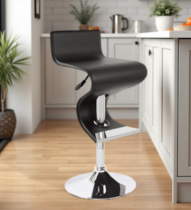 Black And Silver Faux Leather And Metal Low Back Adjustable Height Bar Chair - 606114924005