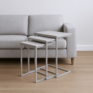 Set of Three Antiqued White Solid Wood and Steel Frame Nested Tables