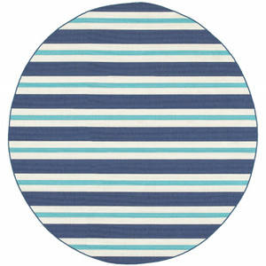 8' Round Blue Round Geometric Stain Resistant Indoor Outdoor Area Rug - 606114574996