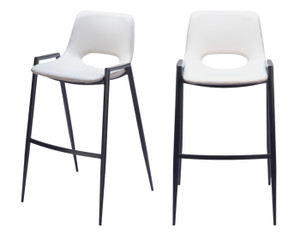 Set of Two 30" White and Black Faux Leather and Steel Low Back Bar Height Bar Chairs