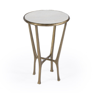 23" White and Gold Distressed Marble and Aluminum Round End Table