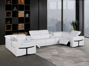 White Italian Leather Power Reclining U Shaped Eight Piece Corner Sectional With Console