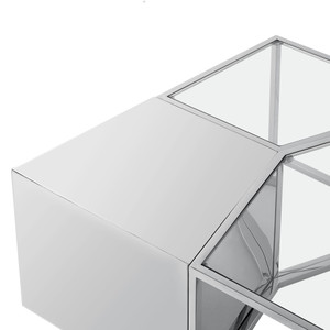 Set of Three 37" Clear And Silver Glass  Stainless Steel Square Mirrored Bunching Coffee Tables