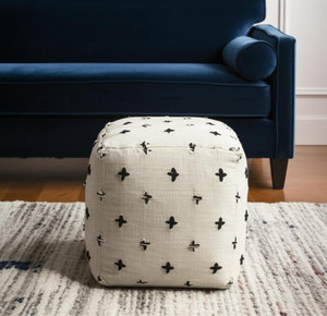 16" Cream And Black Wool Polka Dots Cube Pouf Ottoman