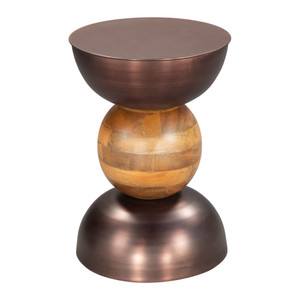 20" Bronze and Brown Iron and Solid Wood Round Pedestal End Table