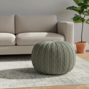 20" Green Cotton Cable Knit Round Pouf Ottoman - 880016626919